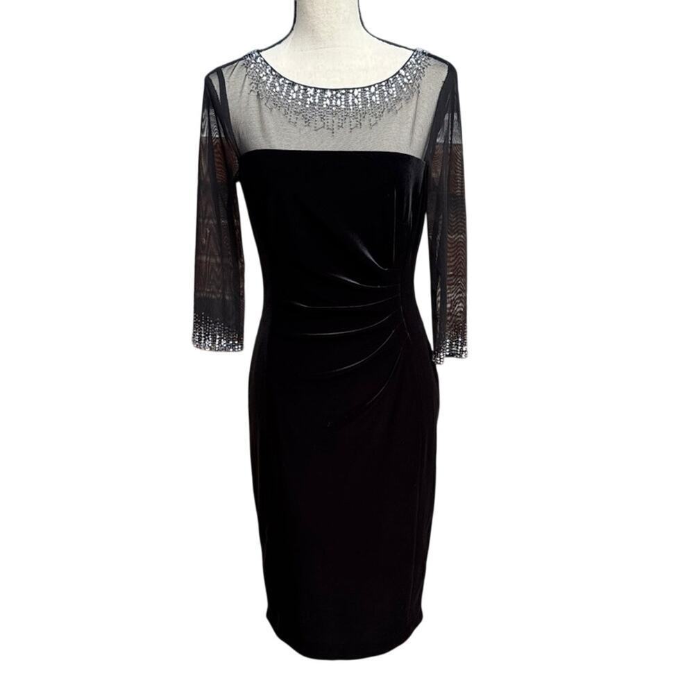 Alex Marie Black Velvet Cocktail Dress Rhinestone Illusion Neckline Ruched 4
